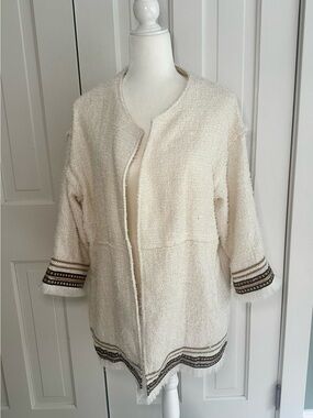 Together Cream Bouclé Open Front Jacket with Brown Trim